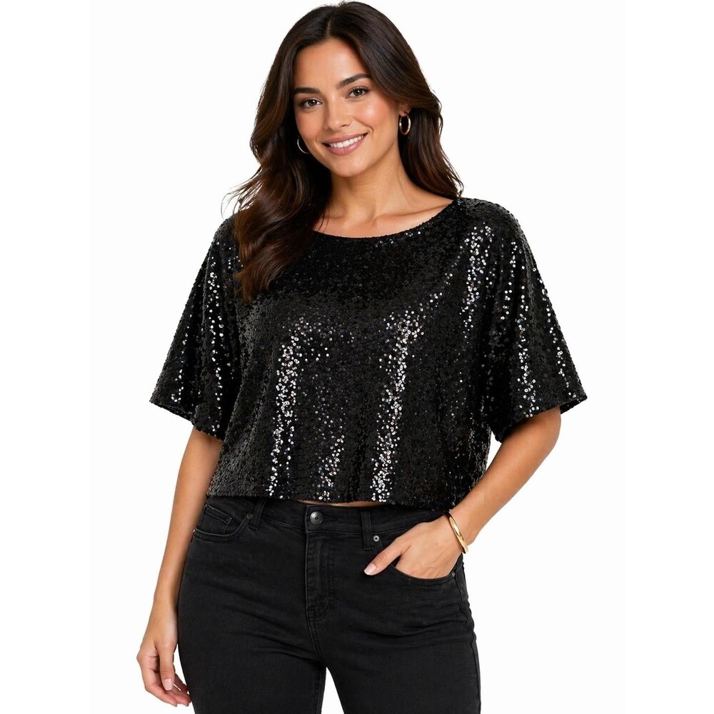 Anthropologie Women's 1X Black Sequin Blouse Top Sparkle Party Event Glam